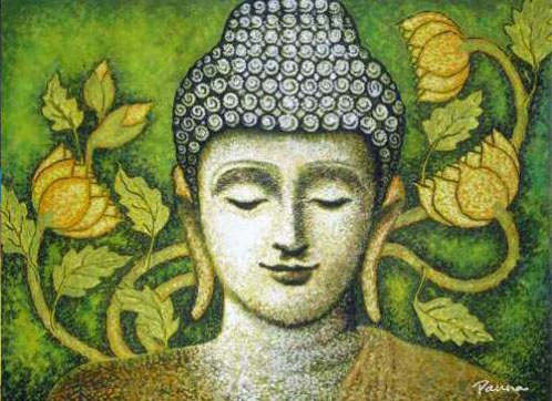 hoa sen và Đức Phật (tranh sơn dầu)